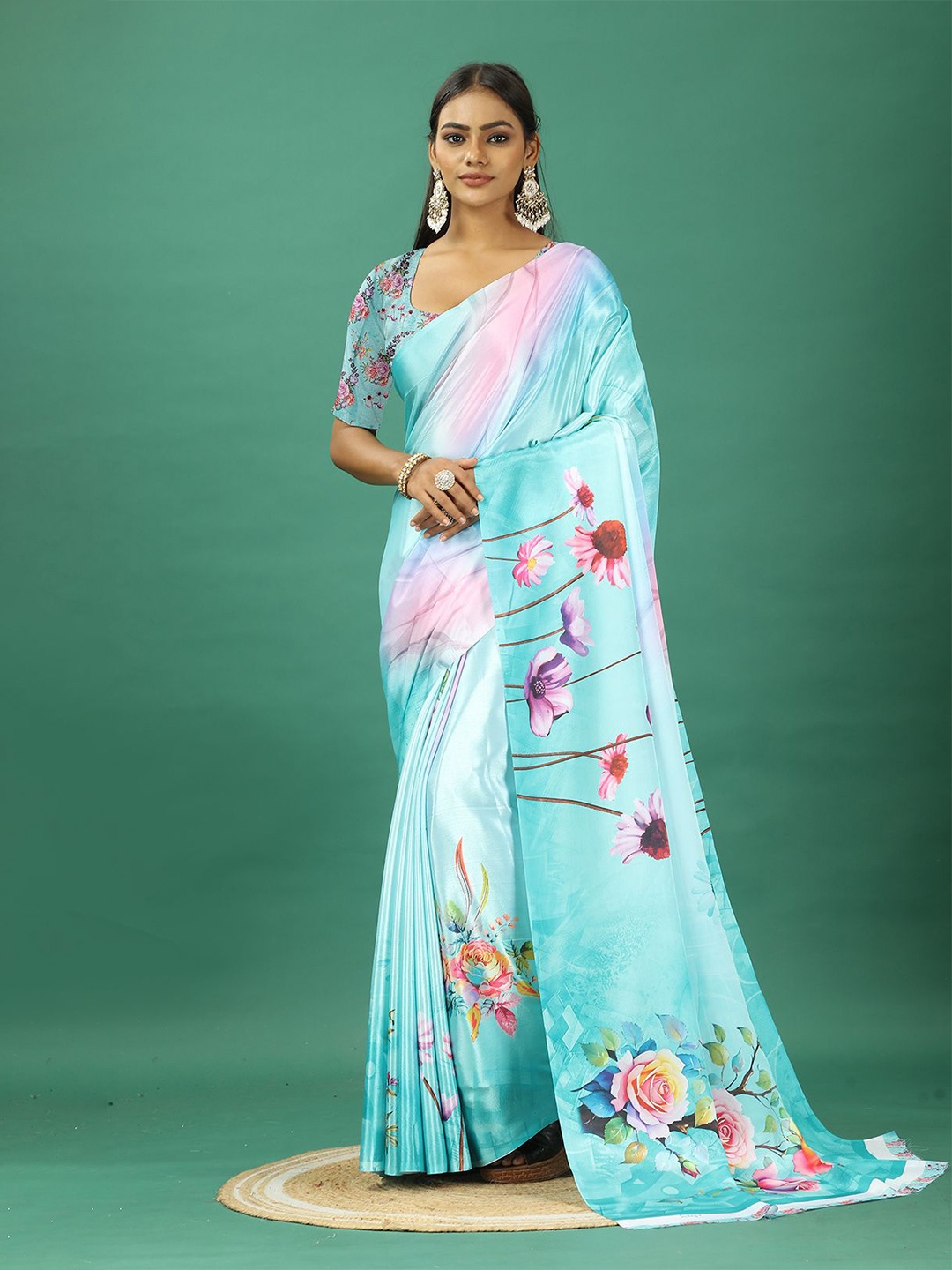 

A.V.M. SILK MILLS Floral Printed Pure Crepe Saree, Turquoise blue