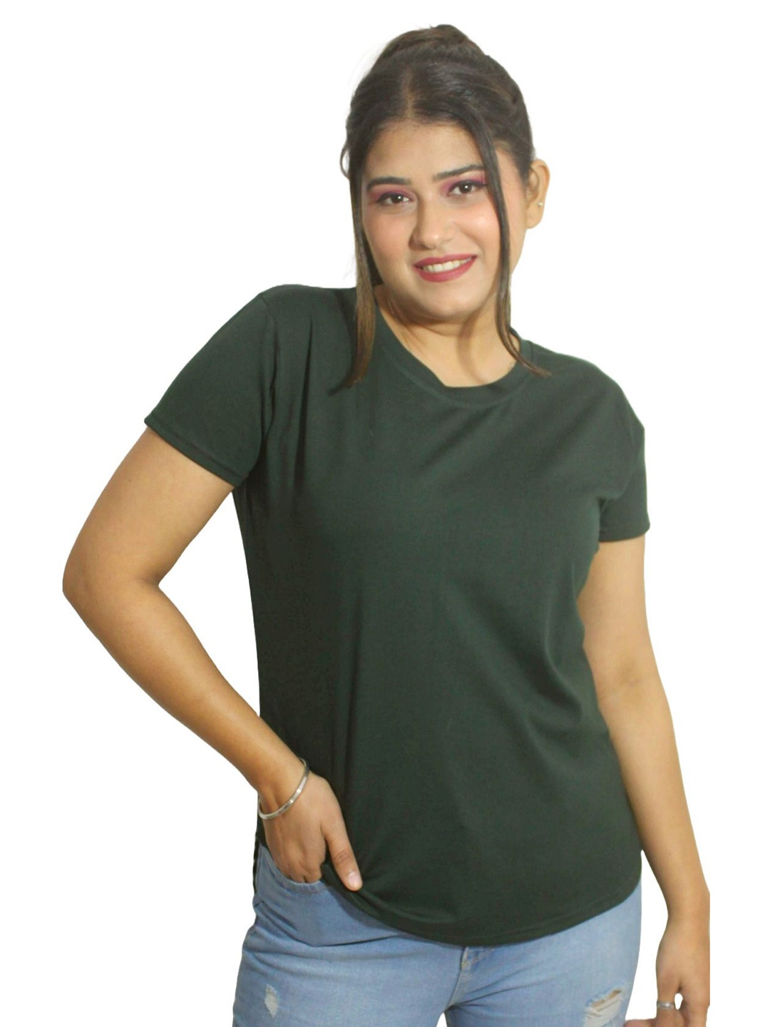 

PINK SHELL Women Solid Round Neck Cotton T-shirt, Green