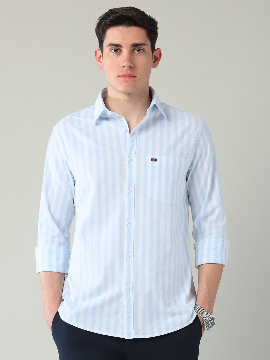 

AD By Arvind Men Slim Fit Spread Collar Vertical Striped Cotton Casual Shirt, Blue