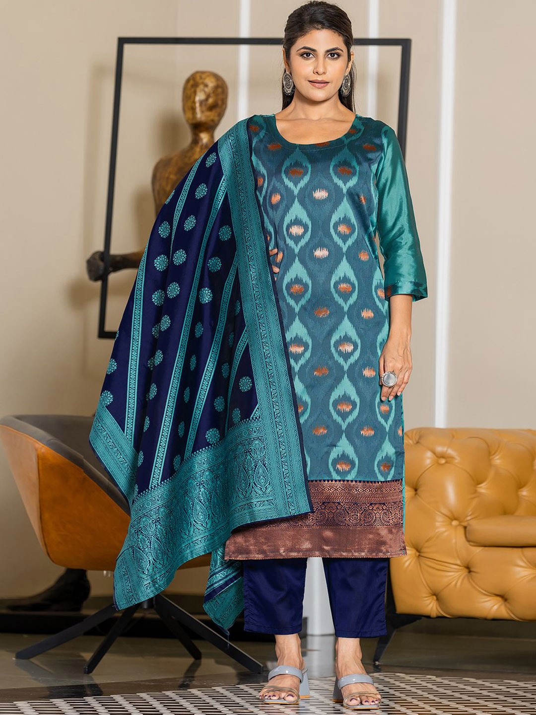 

KALINI Ethnic Motifs Woven Design Round Neck Straight Kurta With Trousers And Dupatta, Turquoise blue