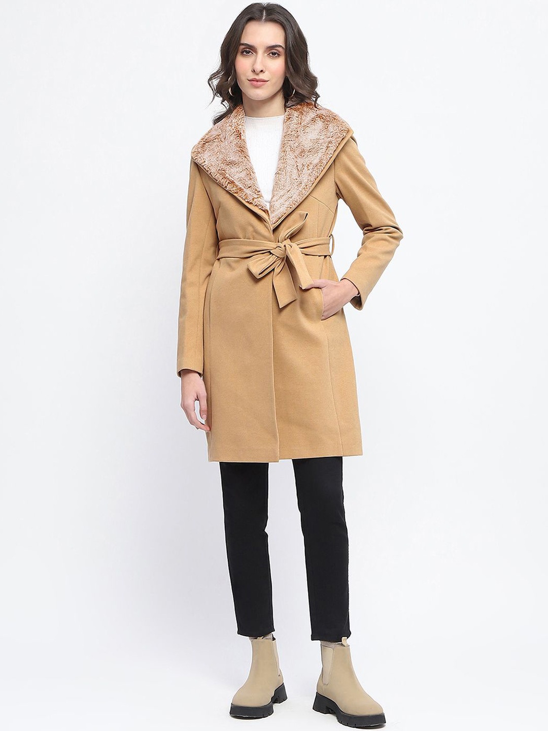 

Madame Women Single-Breasted Longline Overcoat with Belt, Beige