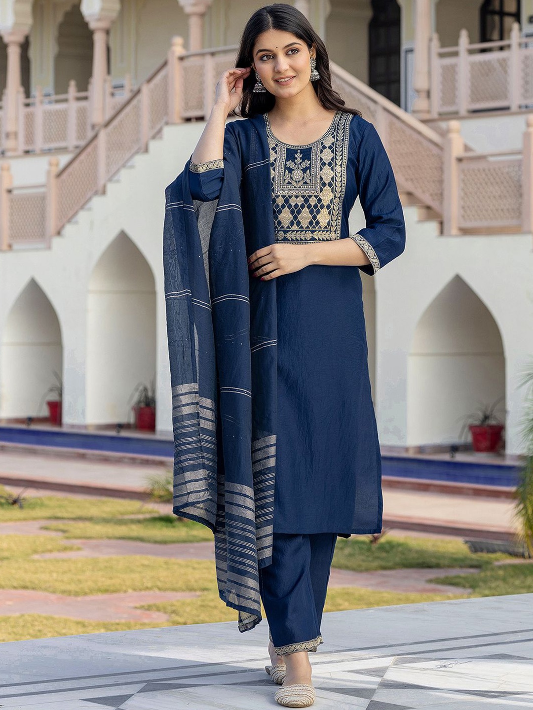 

KALINI Floral Yoke Design Round Neck Chinon Straight Kurta With Trousers And Dupatta, Blue