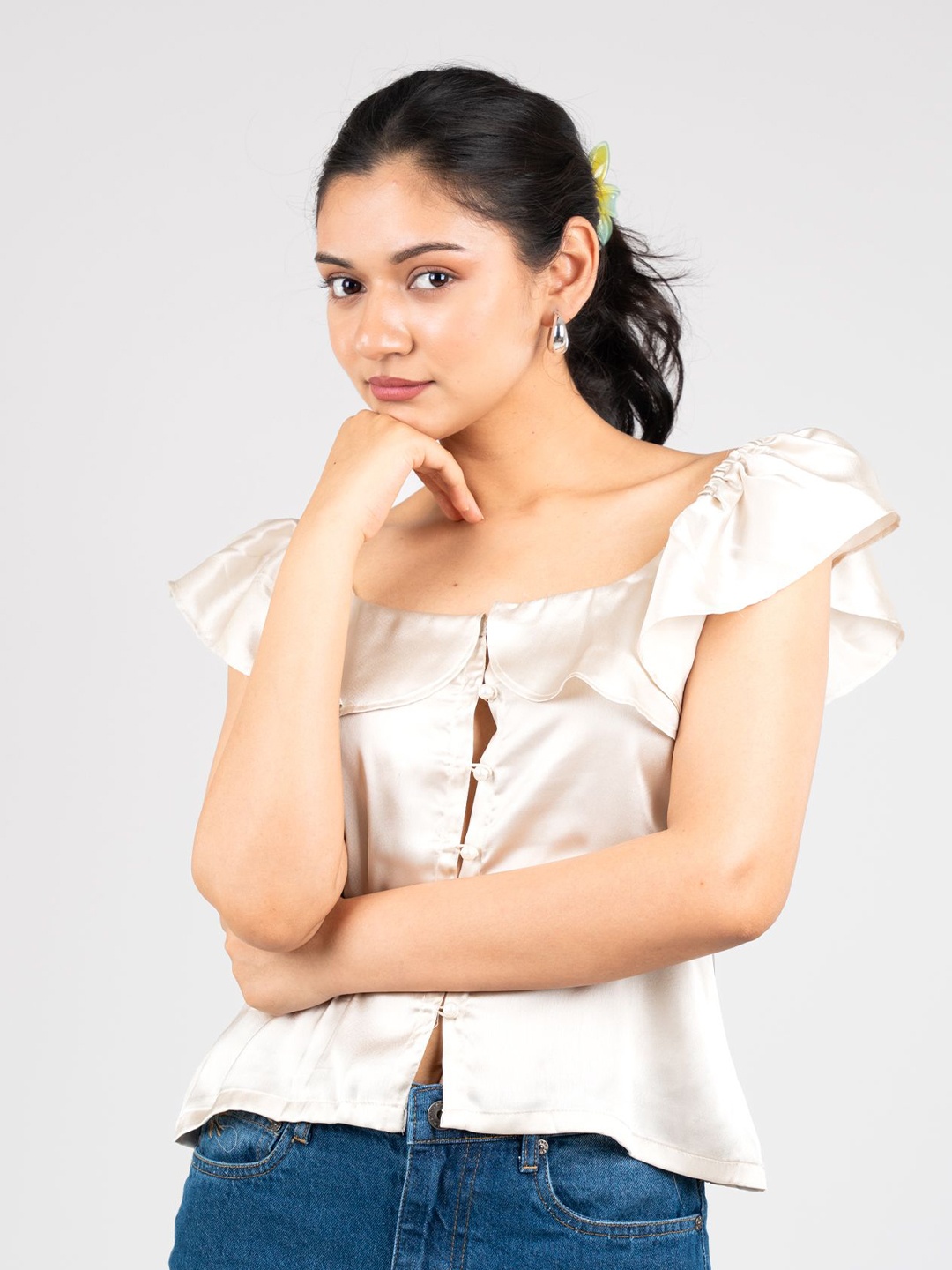 

MONOMEE Flutter Sleeve Ruffles Bohemian Satin Blouson Top, Off white