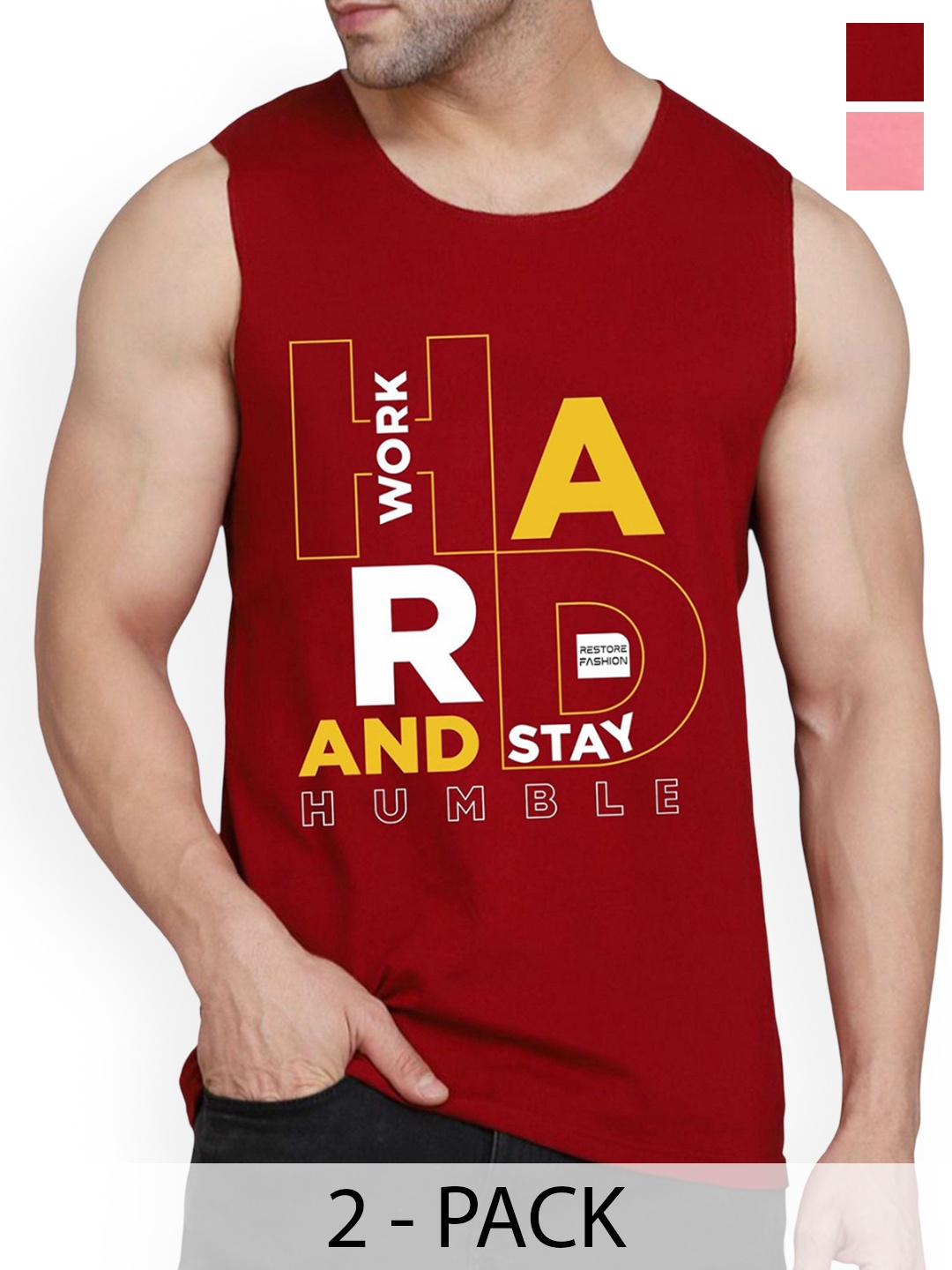

WOOSTRO Men Pack Of 2 Printed Combed Cotton Gym Vest, Maroon