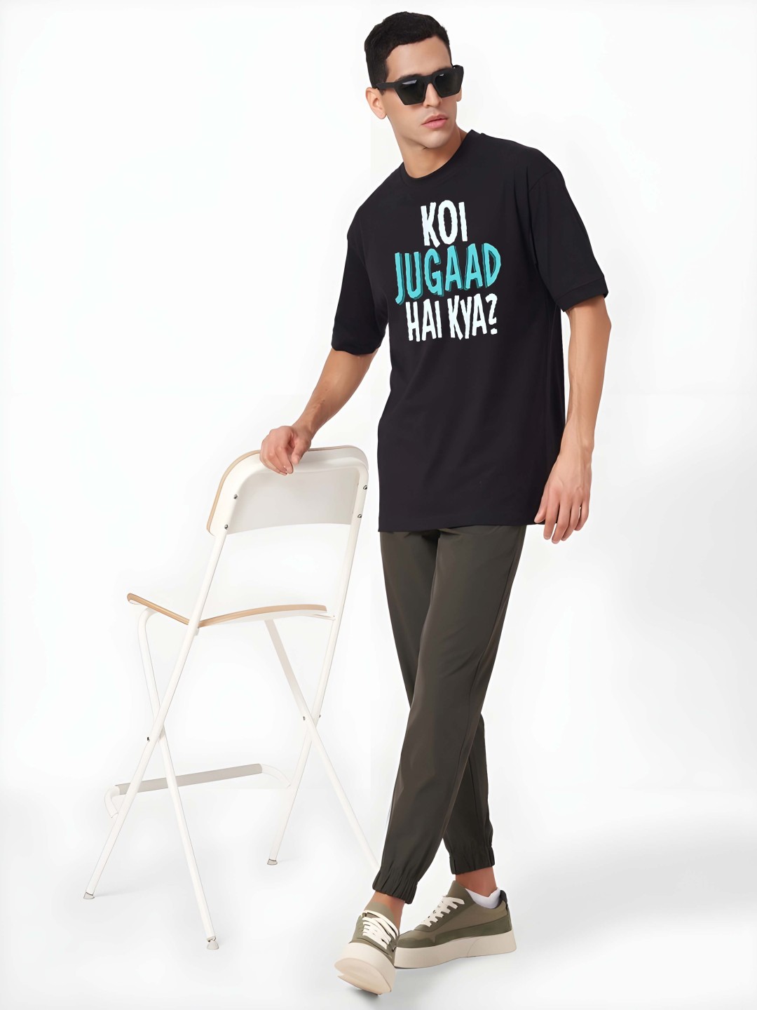 

Krimmple Men Typography Printed Round Neck Cotton Oversized T-shirt, Black
