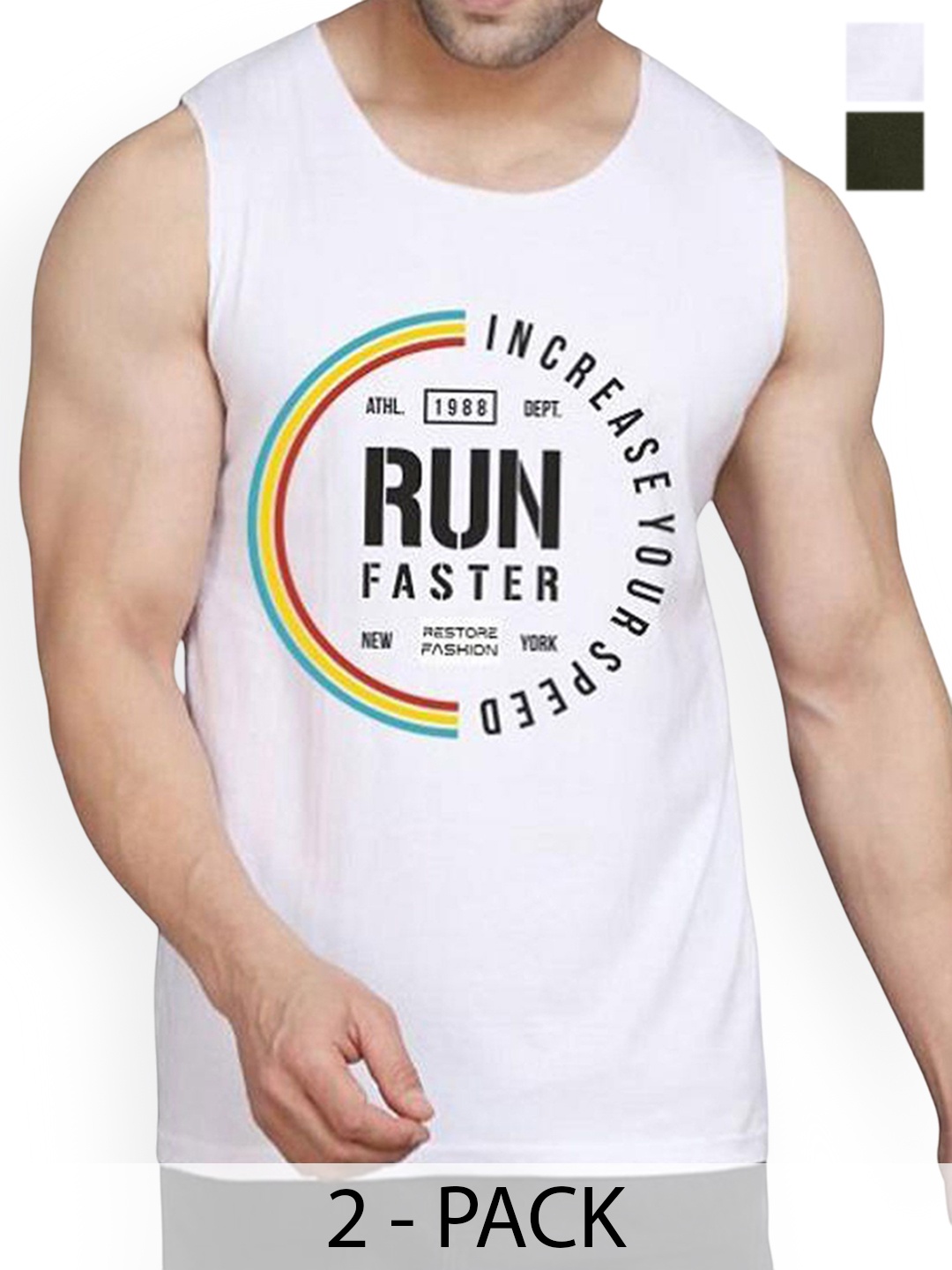 

Woostro Pack Of 2 Printed Cotton Gym Vests RS26 CMB (HARD OLIVE) (RUN WHITE)