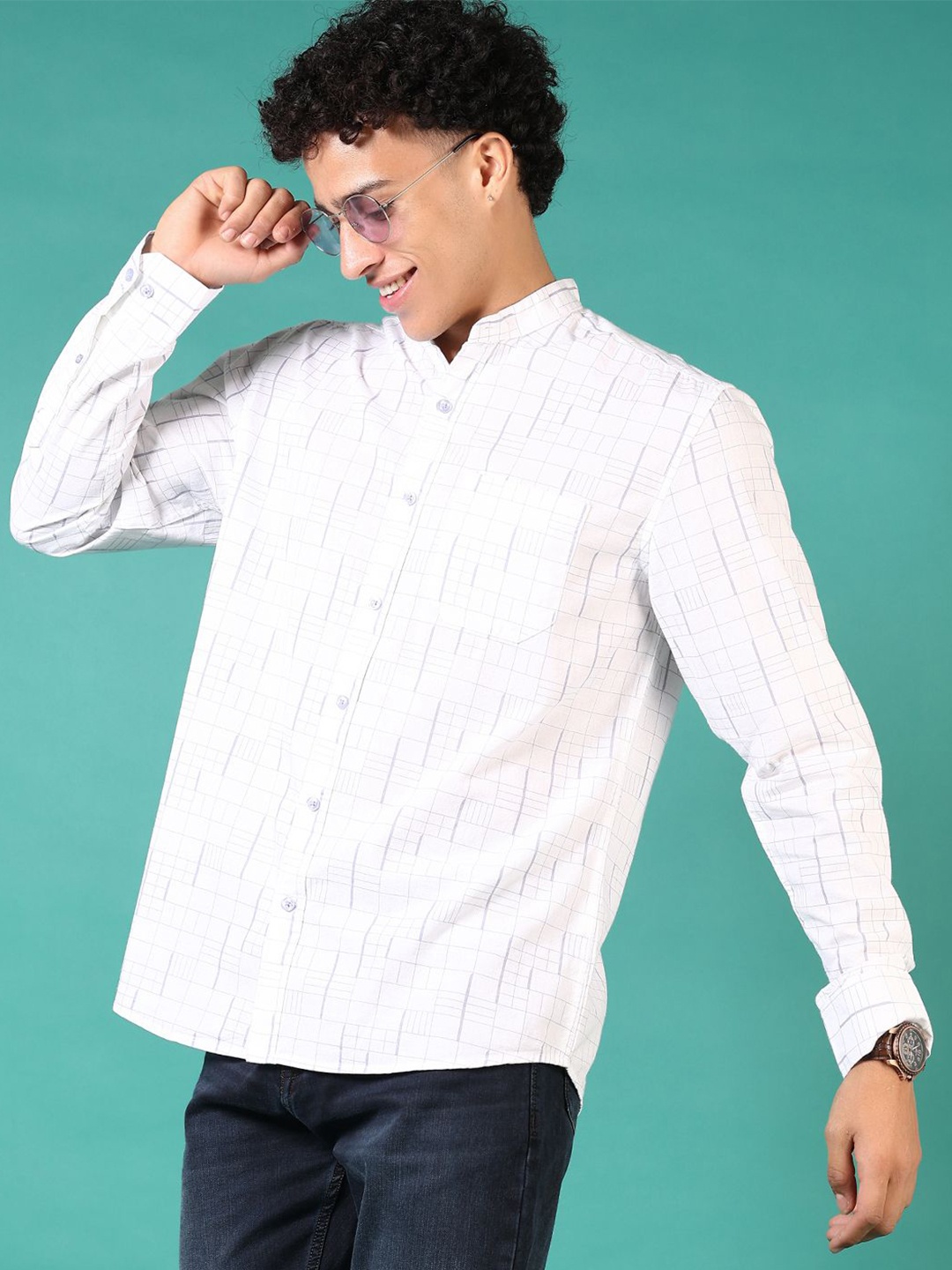 

V-Mart Men Band Collar Checked Cotton Casual Shirt, White