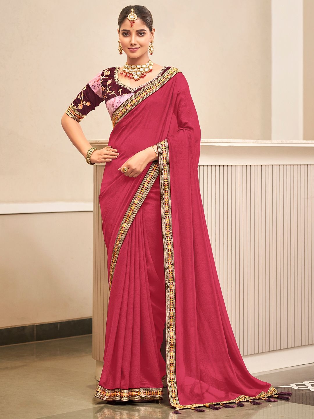 

Mitera Embellished Embroidered Saree, Pink