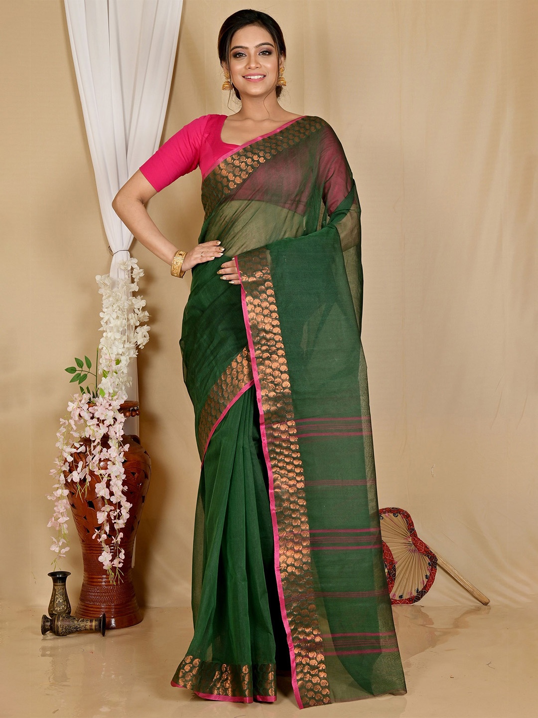 

DipDiya Zari Pure Cotton Taant Saree, Green