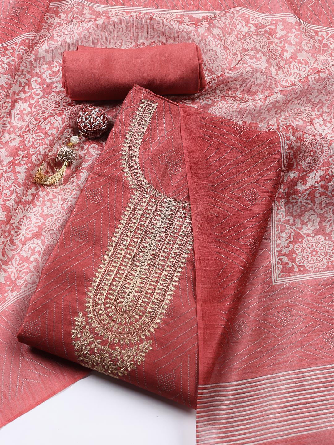 

Meena Bazaar Floral Embroidered Unstitched Dress Material, Rust