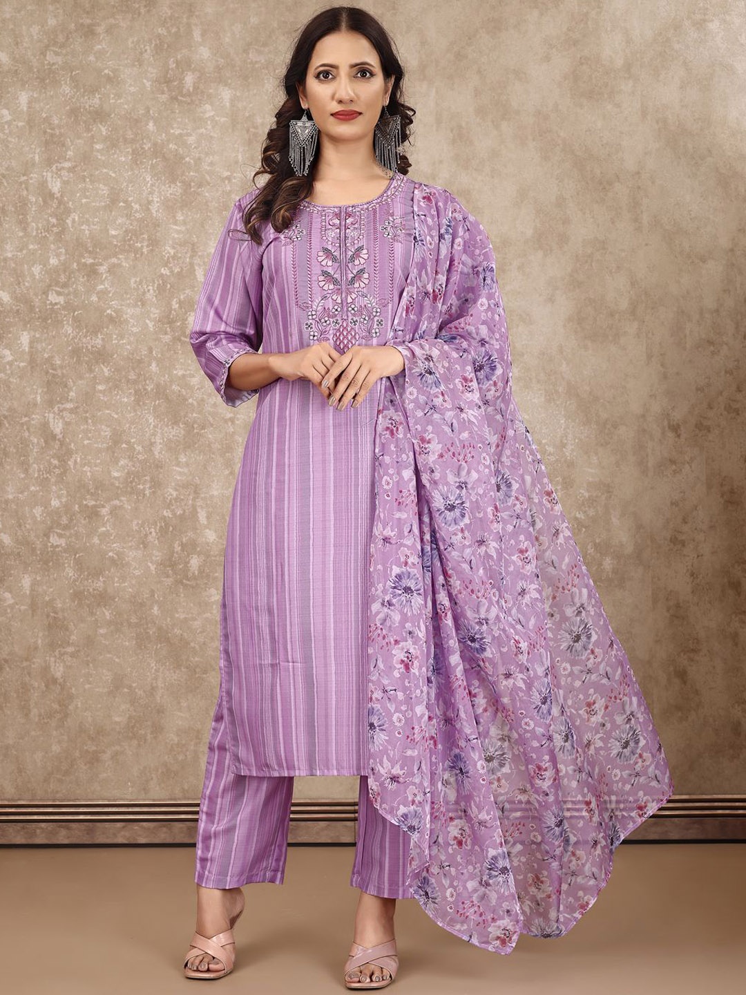 

VIRICA Women Embroidered Regular Kurta with Trousers & With Dupatta, Lavender