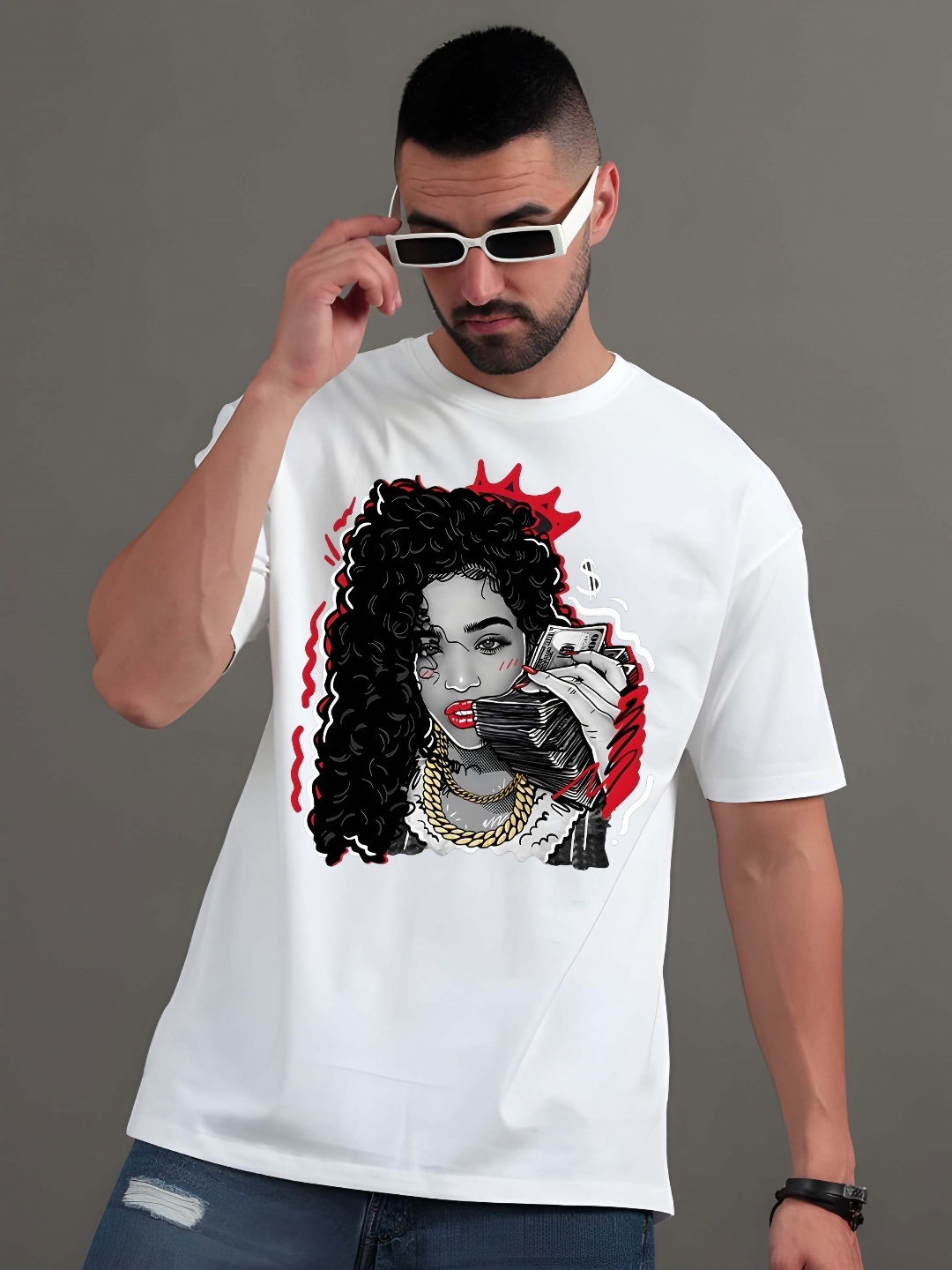 

BOWLIFESTYLE Men Graphic Printed Round Neck Cotton Oversized T-shirt, White