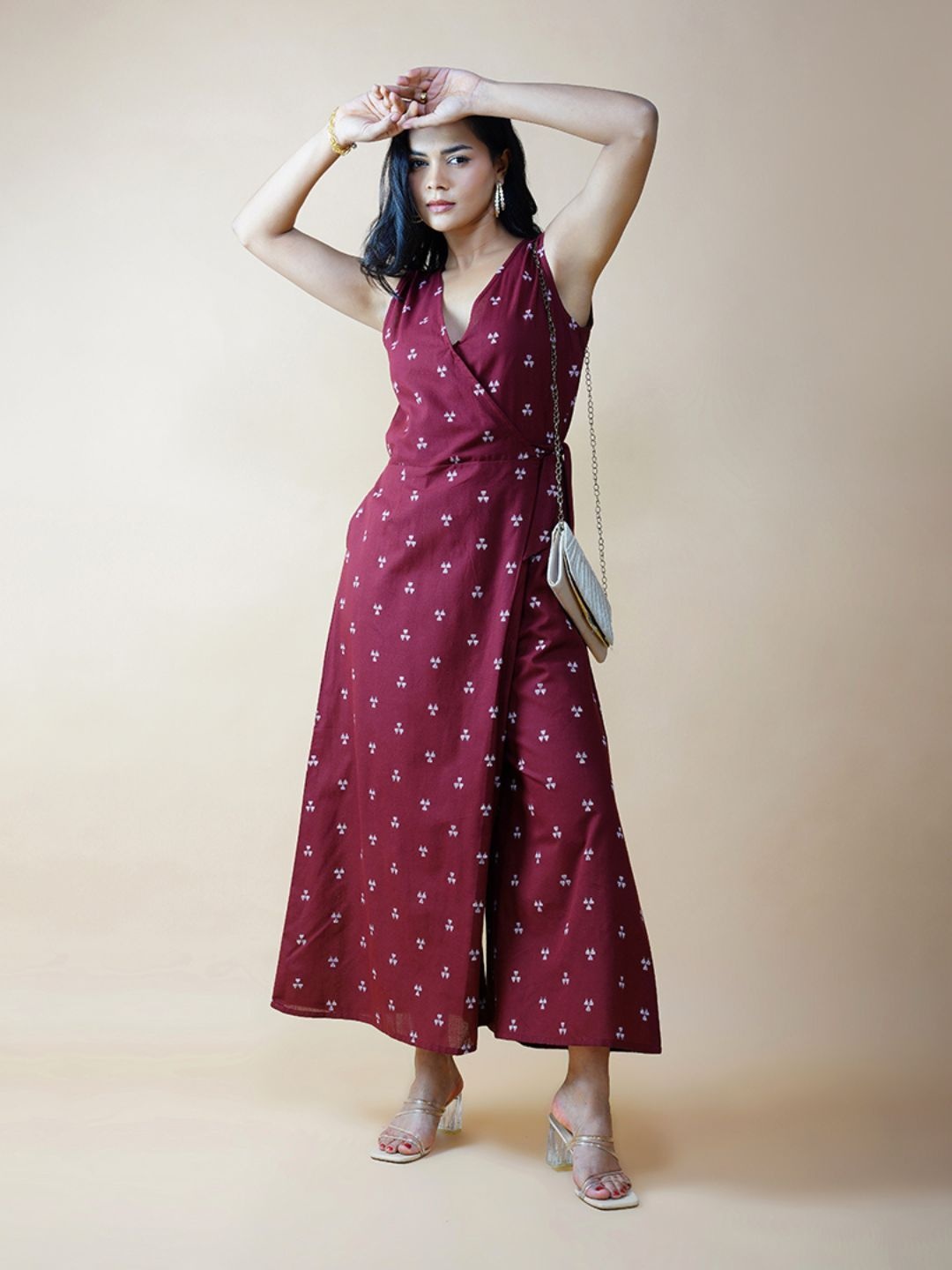 

AKISO Wide Legged Printed Cotton Basic Jumpsuit, Maroon