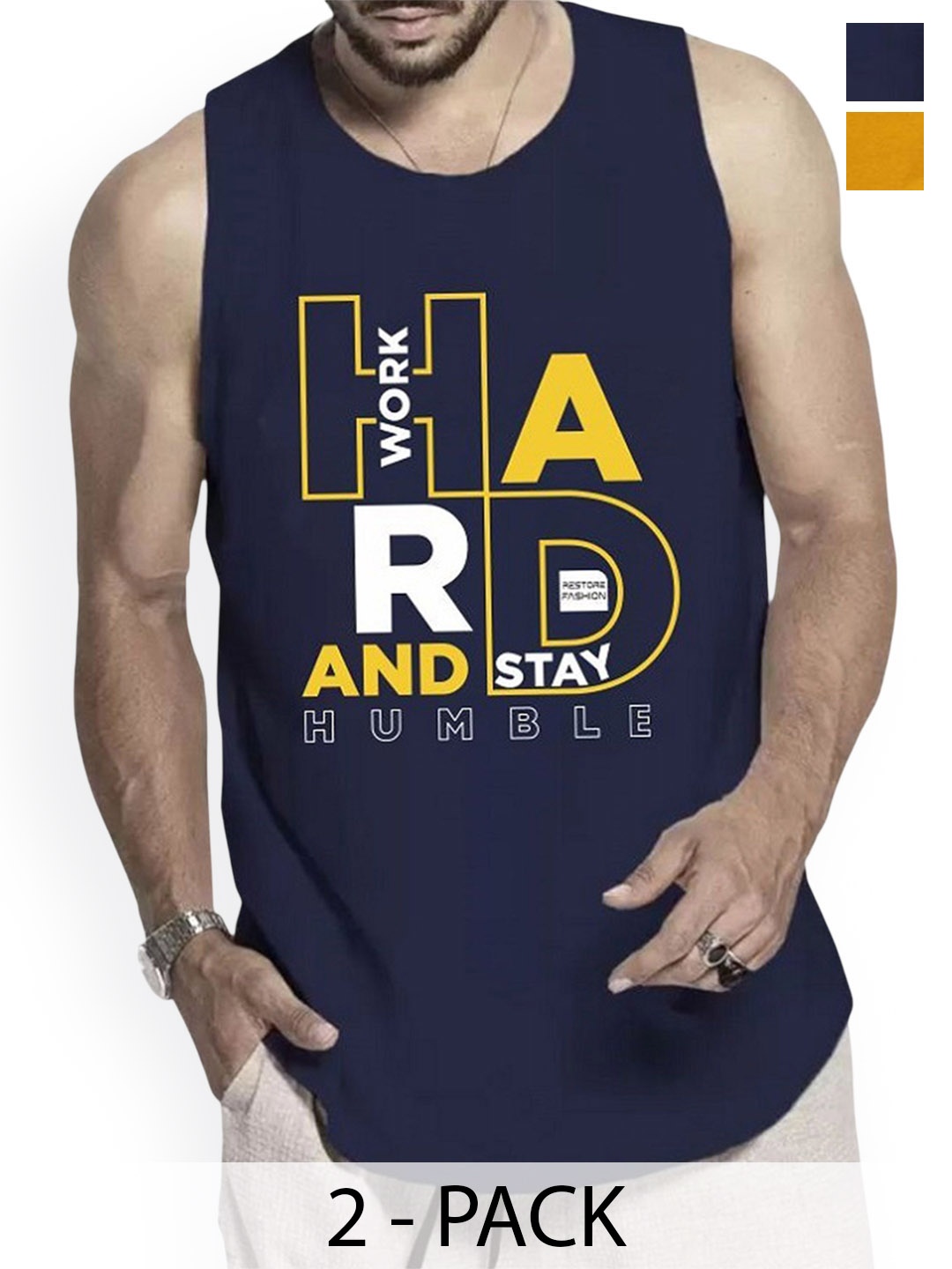 

WOOSTRO Pack Of 2 Printed Cotton Gym Vests RS26 CMB (MORE MUSTARD) (HARD NAVY)