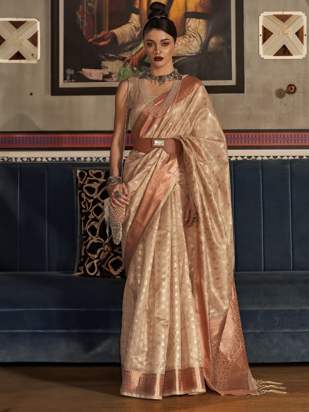 

Anouk Woven Design Zari Silk Blend Banarasi Saree, Peach