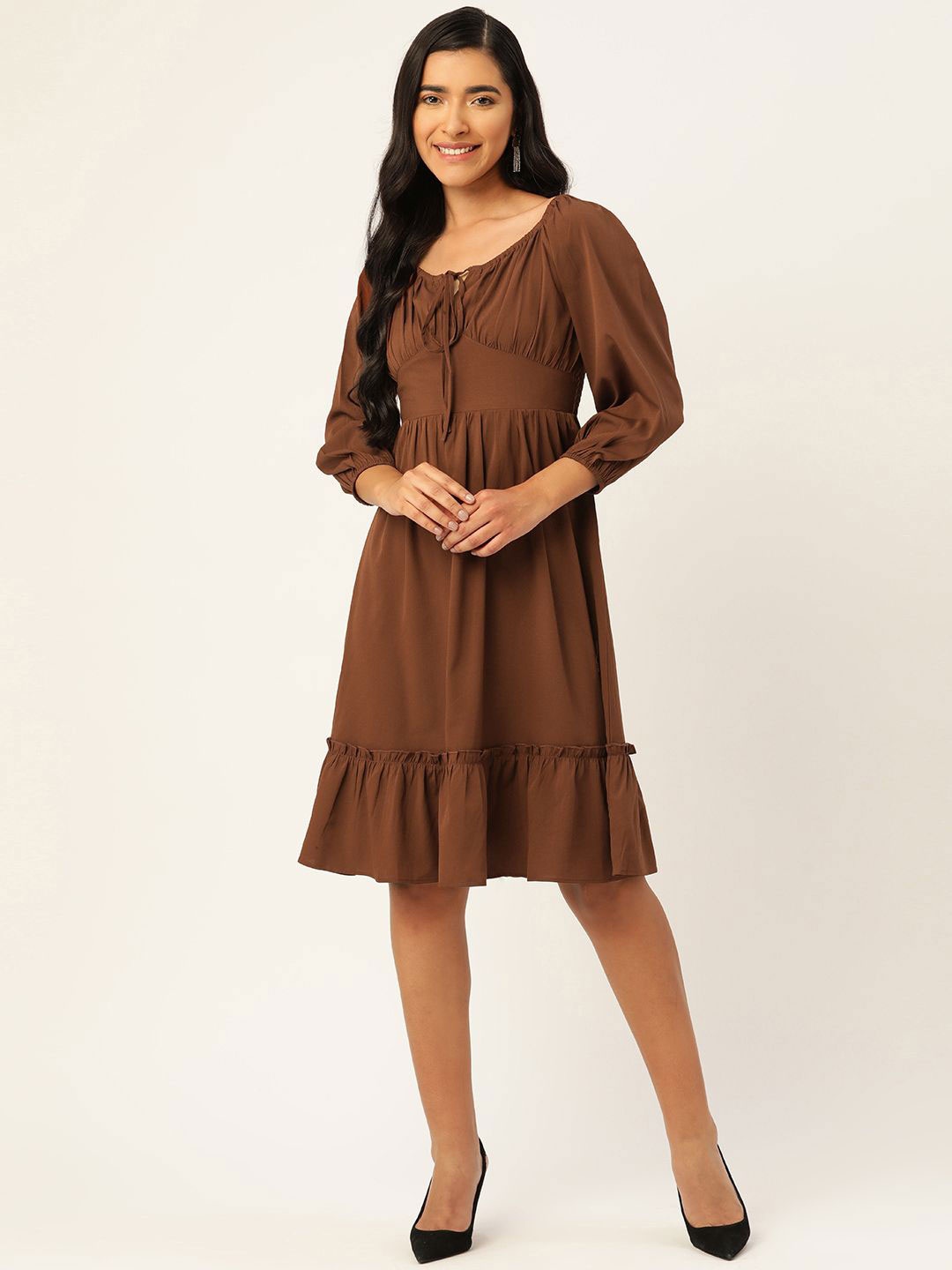 

Moda Rapido Tie-Up Neck Puff Sleeve Georgette Fit & Flare Dress, Brown