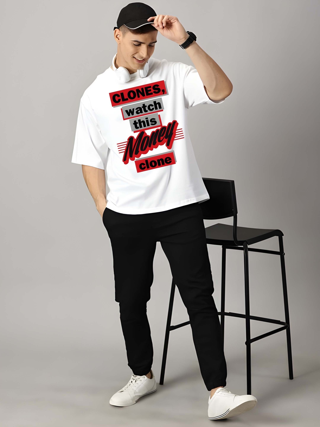 

BOWLIFESTYLE Men Typography Printed Round Neck Cotton Oversized T-shirt, White