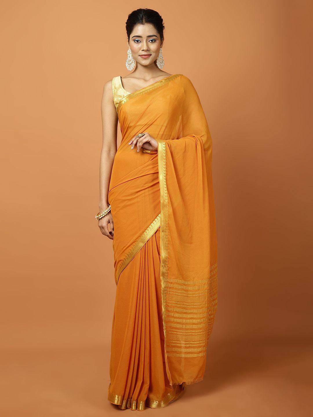 

Meena Bazaar Zari Saree with Blouse Piece, Mustard