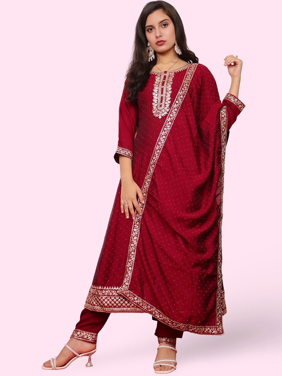 

Shreekama Women Floral Embroidered Regular Thread Work Kurta with Trousers & With Dupatta, Maroon