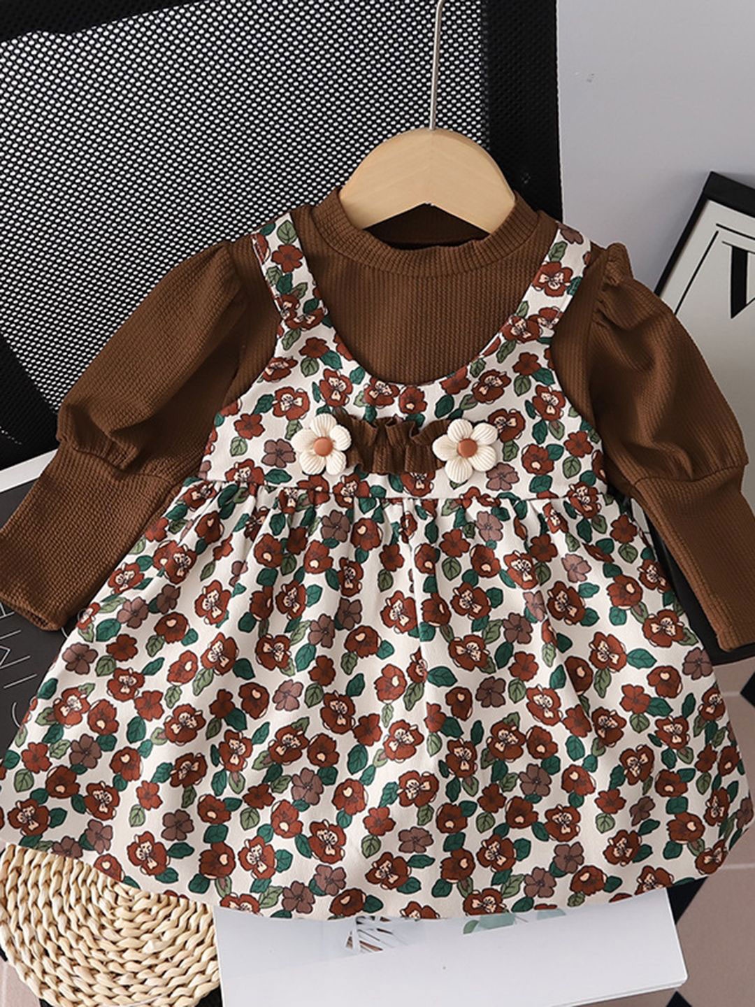 

YK Girls Floral Printed Fit and Flare Dress, Brown