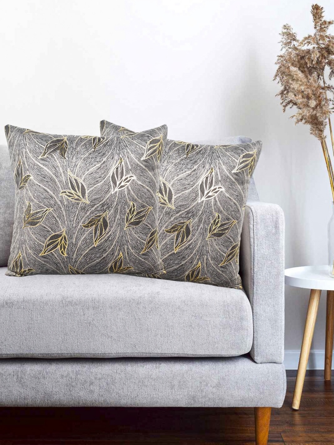 

Vinayaka Fab Grey And Gold-Toned 2 Pieces Floral Printed Velvet Square Cushion Covers
