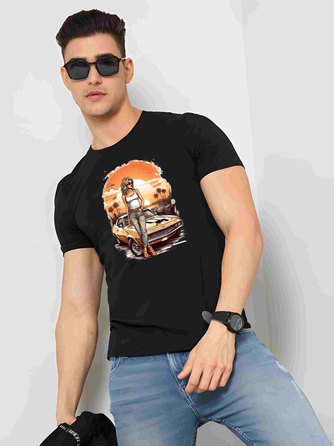 

BOWLIFESTYLE Men Graphic Printed Round Neck Cotton T-shirt, Black