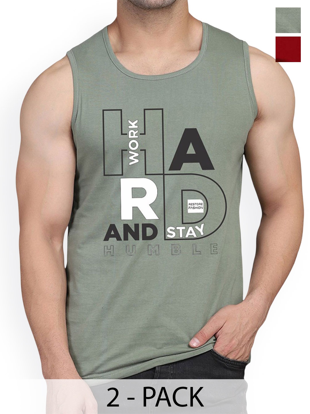 

WOOSTRO Pack Of 2 Printed Combed Cotton Gym Vest RS26 CMB (MORE MAROON) (HARD LGTGREEN)