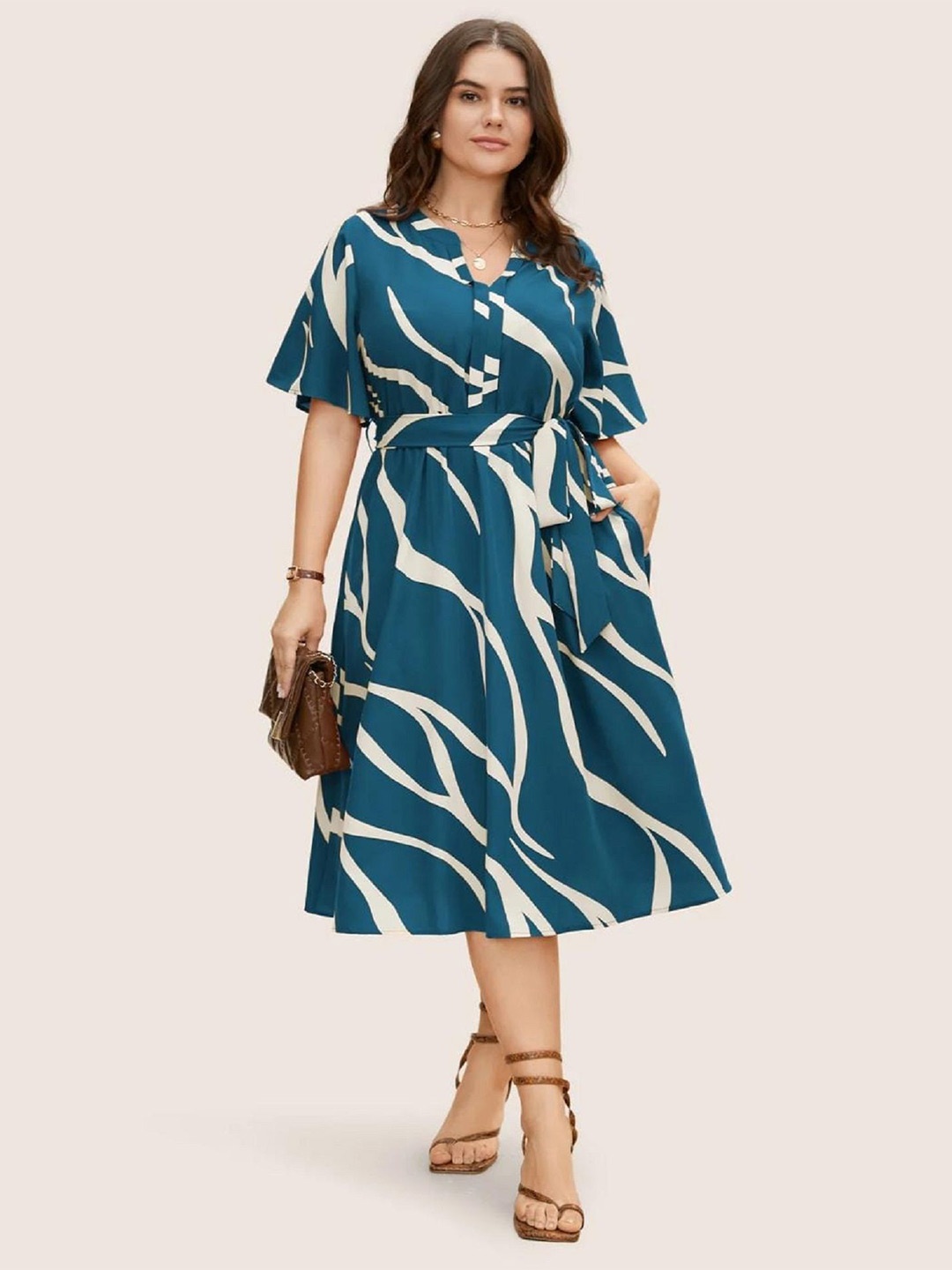 

JAIPURFAME Abstract Printed Flared Sleeve A-Line Midi Dress, Blue