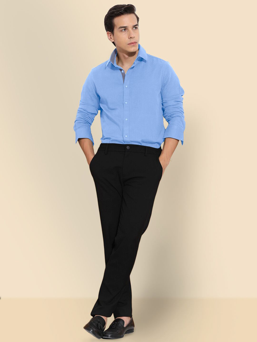 

SZN Men Standard Fit Spread Collar Solid Cotton Formal Shirt, Blue