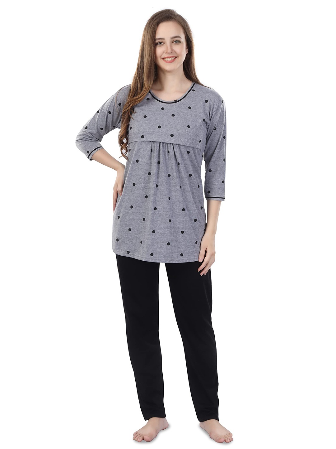 

TIGYWIGY Polka Dot Printed Pure Cotton Maternity Top With Pyjama, Grey