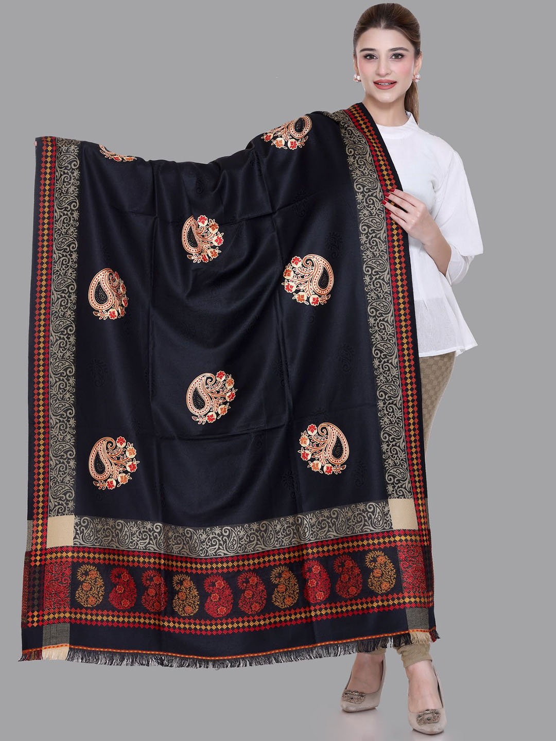 

Tones-N-Shades Ethnic Motifs Embroidered Woollen Shawl, Black