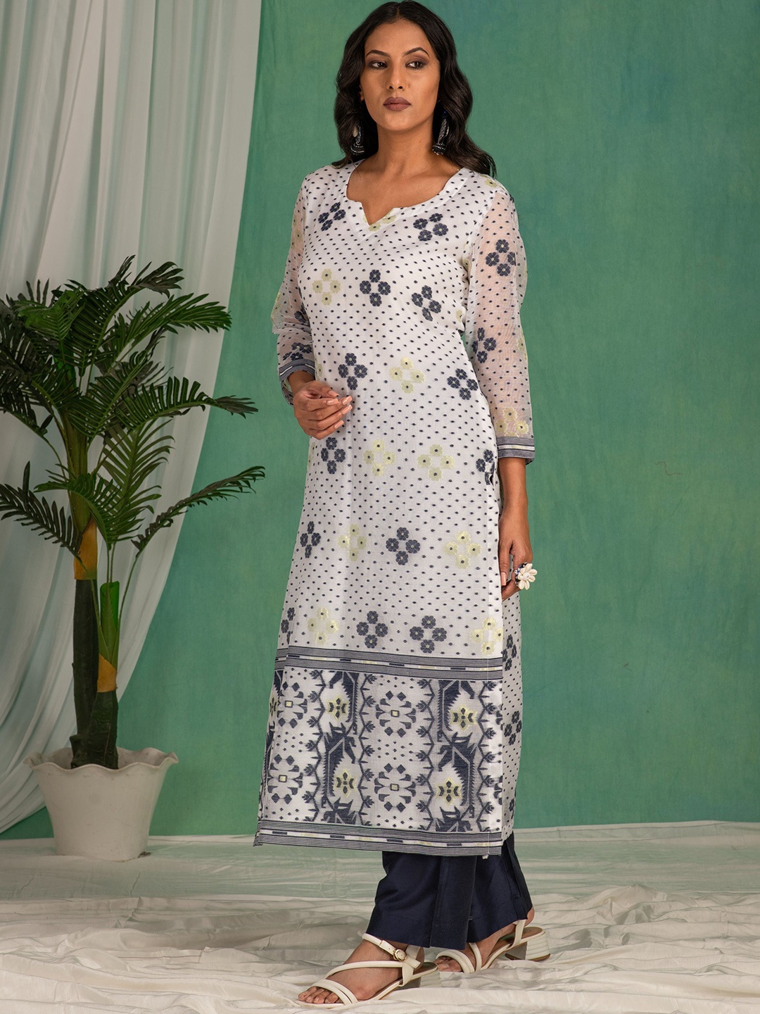 

Kasturi Creations Floral Woven Design Pure Cotton Kurta With Trousers And Dupatta, White