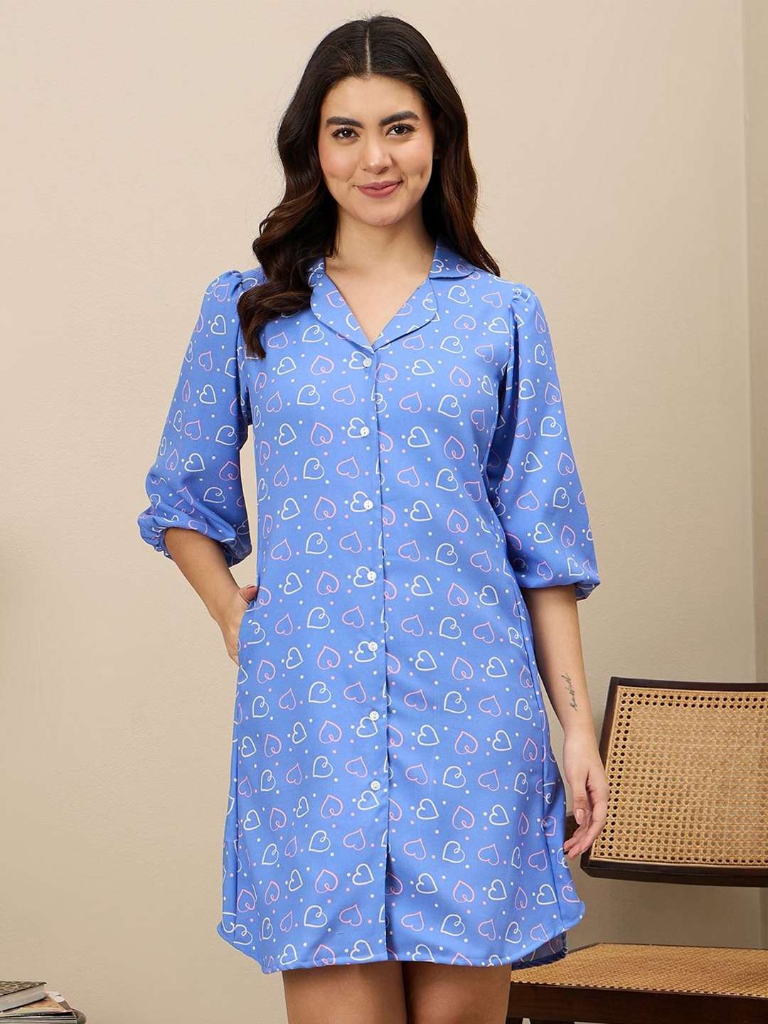 

ETC Women Lapel Collar Printed Shirt Dress, Blue