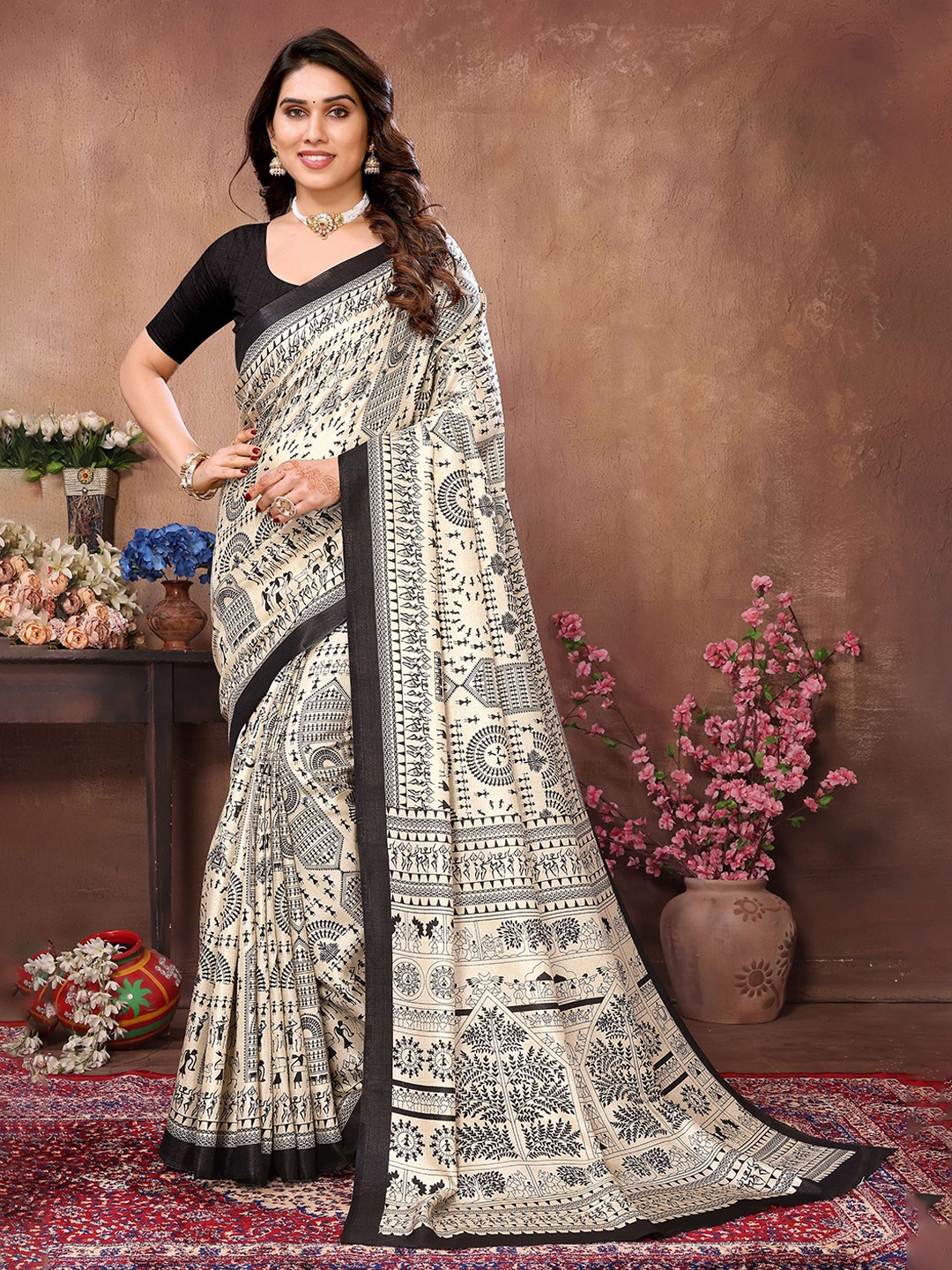 

Munir Kalamkari Silk Blend Saree, Black