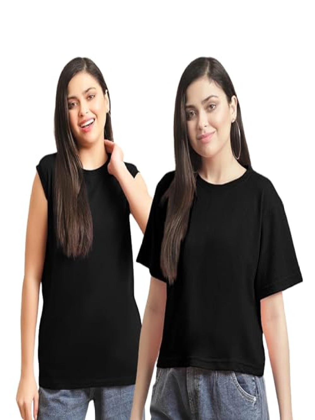 

NOTWILD Women Pack Of 2 Solid Round Neck Cotton T-shirts, Black