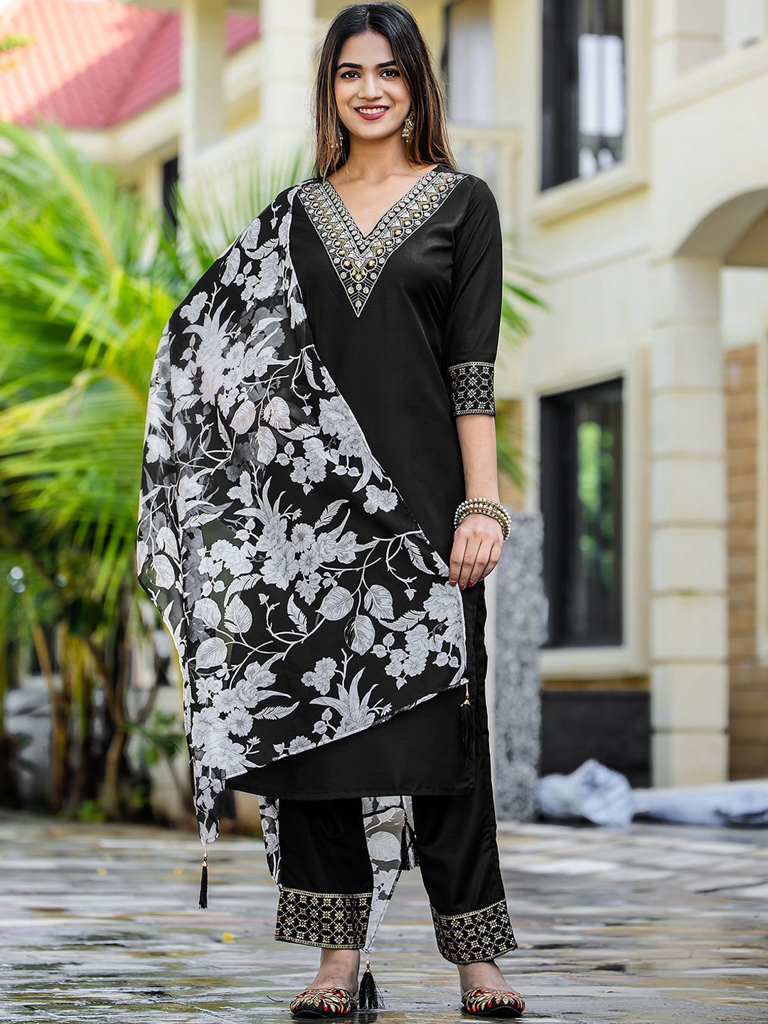 

KALINI Floral Yoke Design V-Neck Embroidered Straight Kurta With Trousers And Dupatta, Black