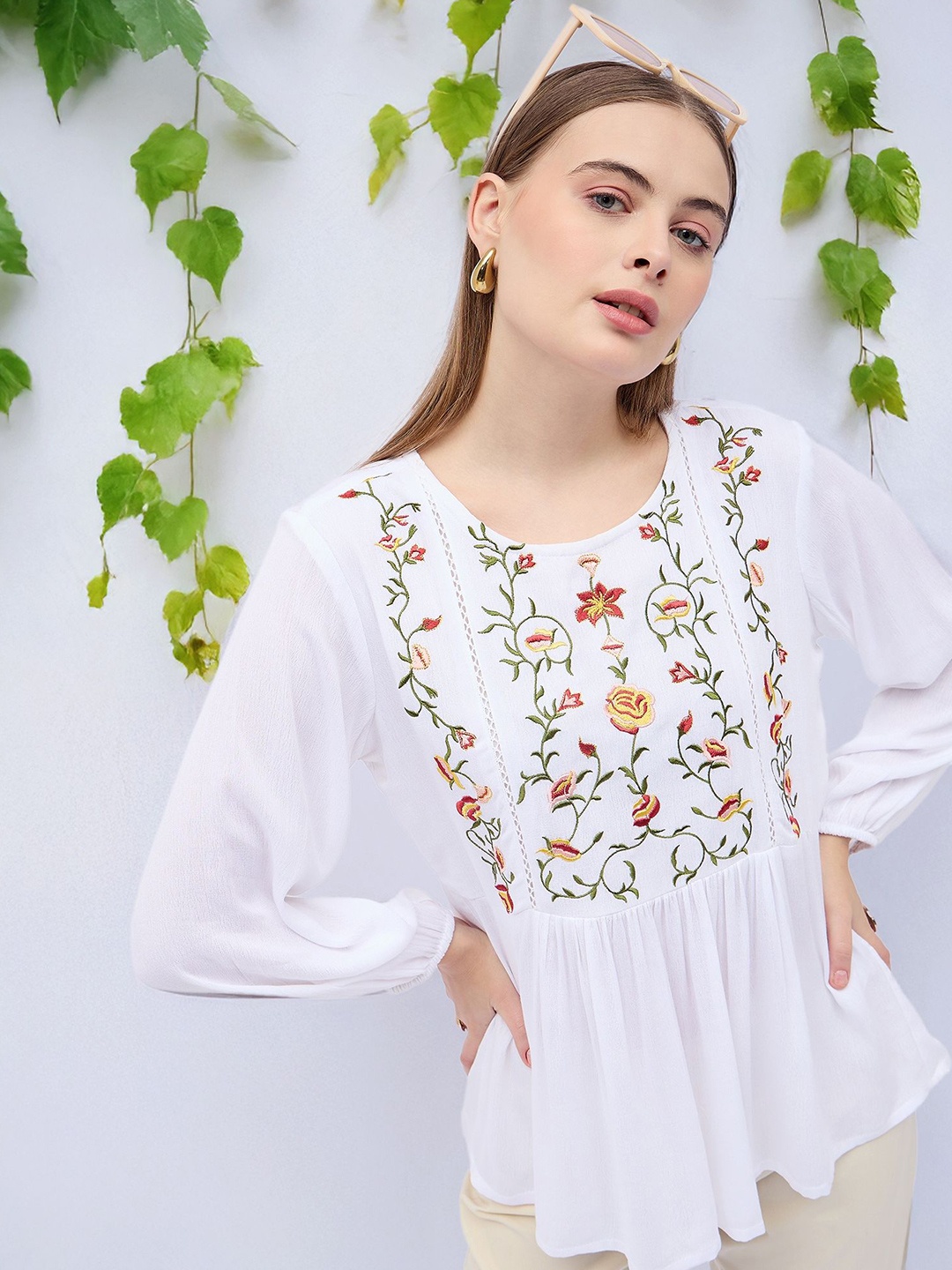 

all about you Women Floral Embroidered Bishop Sleeves Top, White