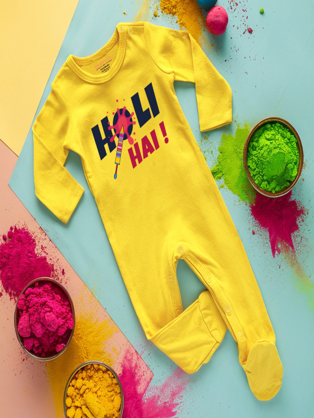 

FFLIRTYGO Infants Holi Printed Pure Cotton Rompers, Yellow