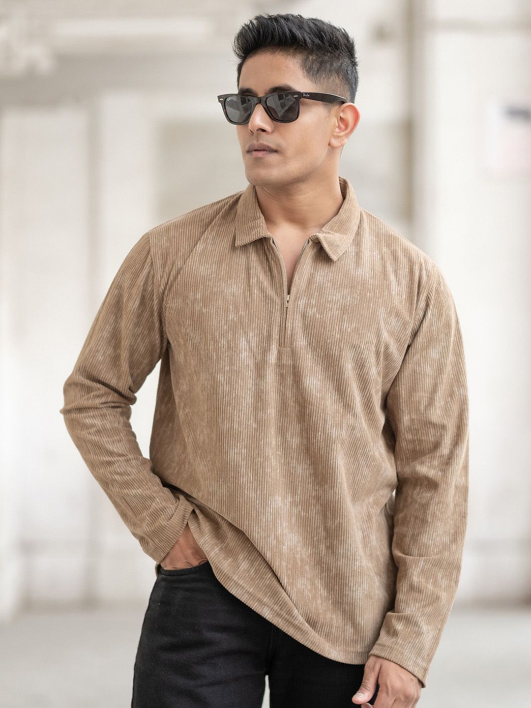 

Powerlook Men Self Design Polo Collar Relaxed Fit Cotton T-shirt, Beige