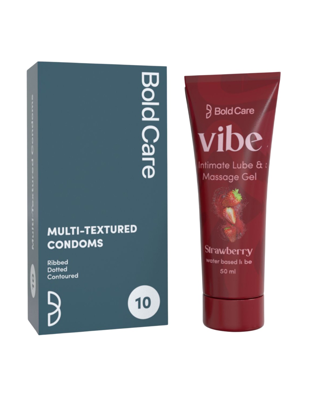 

Bold Care Set Of Vibe Strawberry Intimate Lube Gel 50ml With Multi Textured Condoms 10Pcs, Magenta