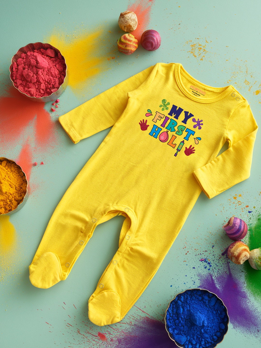 

FFLIRTYGO Infants Holi Printed Cotton Sleepsuit, Yellow