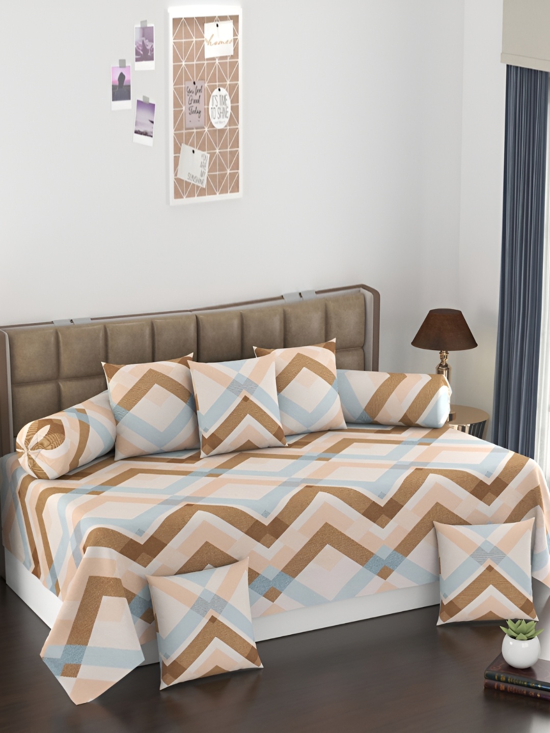 

Jizzby 8-Pcs Brown & Blue Printed240TC DiwanSet