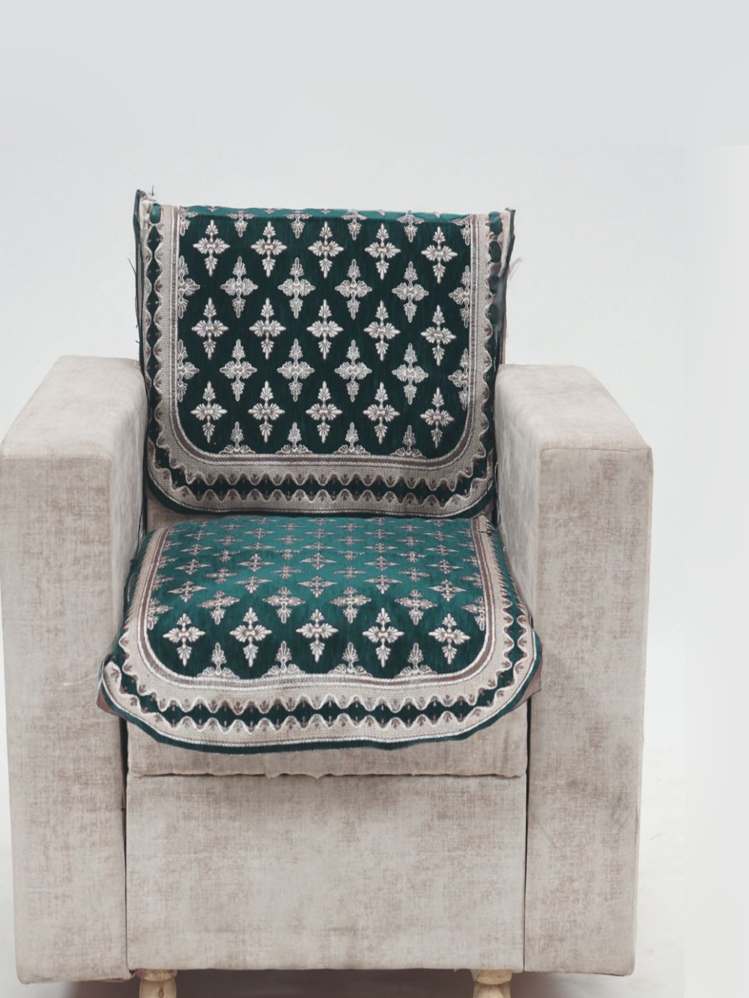 

Fashion Throw Teal & White 2 Pieces Printed Jacquard 1 Seater Sofa Covers