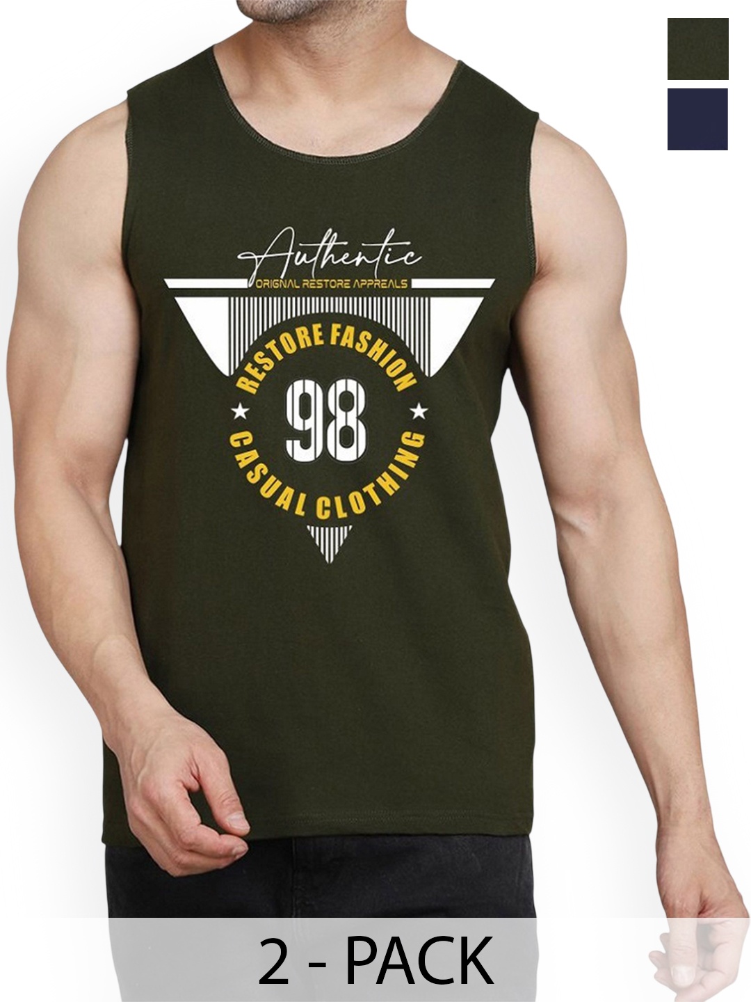 

WOOSTRO Men Pack Of 2 Printed Combed Cotton Gym Vest, Olive