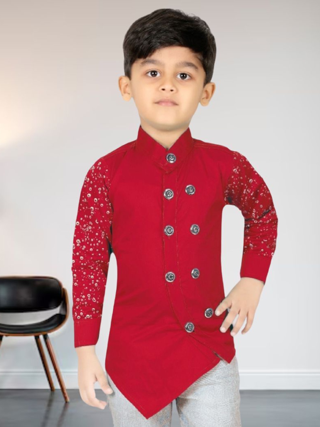 

BAESD Boys Classic Fit Band Collar Solid Cotton Casual Shirt, Red
