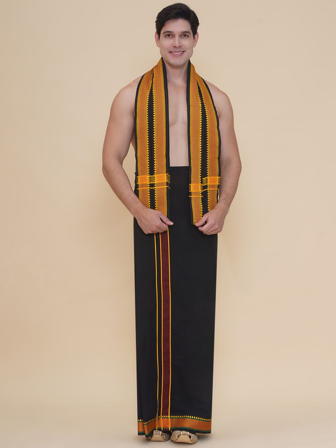 

Sethukrishna Men Cotton Dhoti with Angavastram, Black