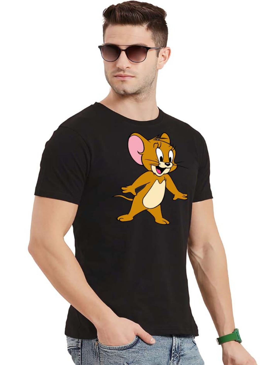 

Krimmple Men Tom & Jerry Graphic Printed Round Neck Cotton Slim Fit T-shirt, Black