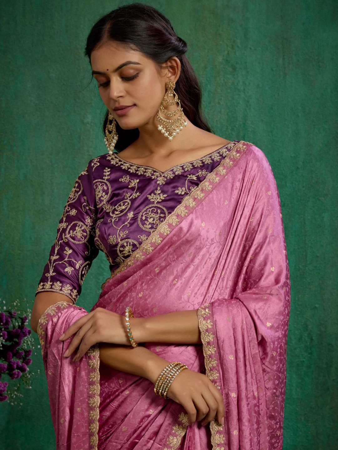 

Sangria Embroidered Satin Saree with Blouse, Pink