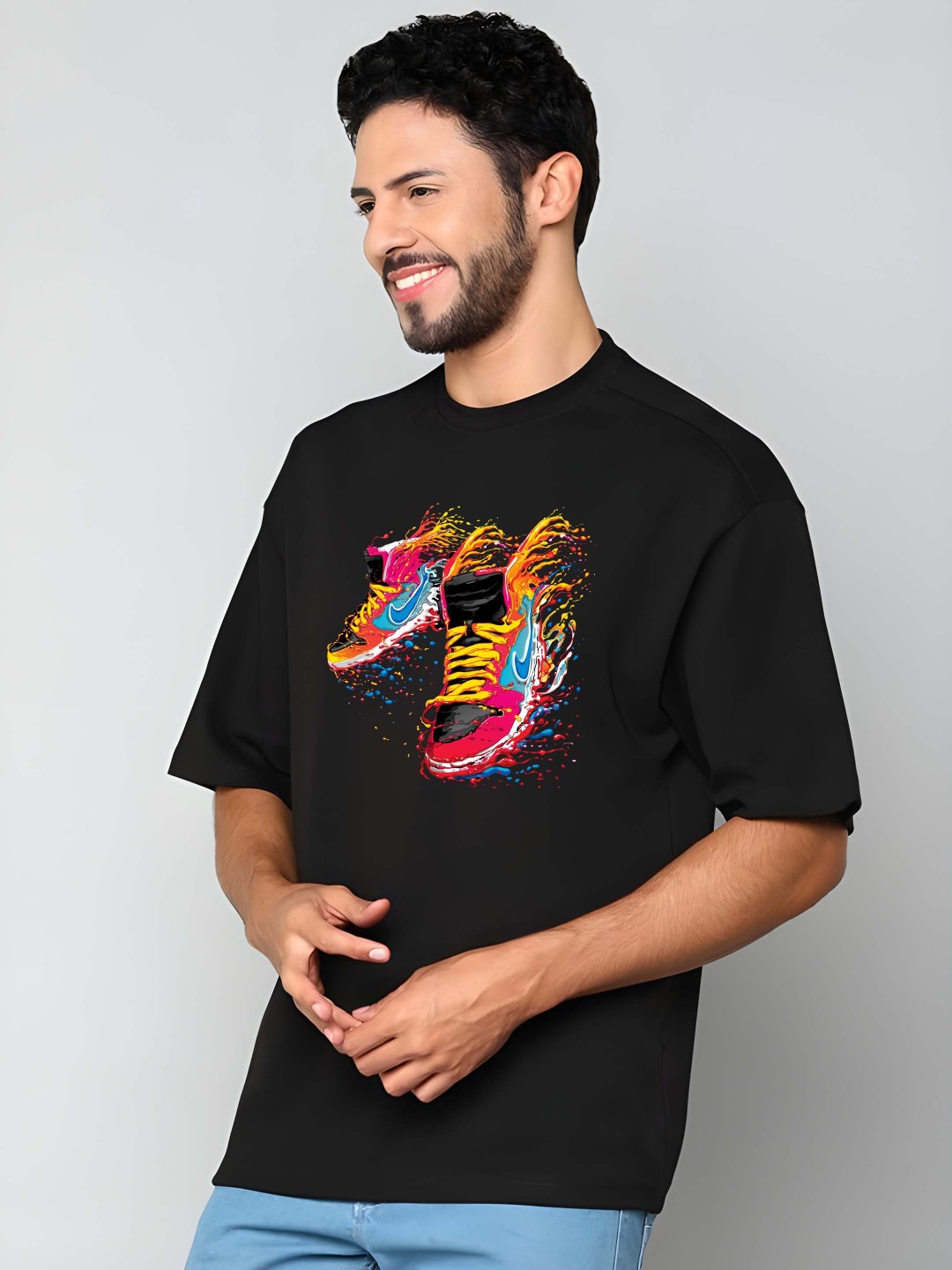 

Krimmple Men Graphic Printed Round Neck Pure Cotton Oversized T-shirt, Black