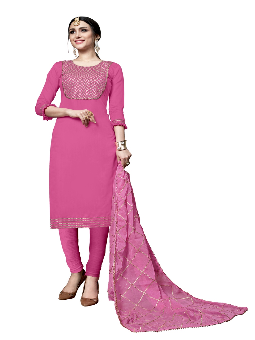 

HERE&NOW Checked Embellished Gotta Patti Unstitched Dress Material, Pink